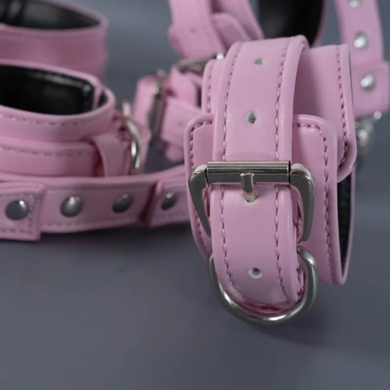 Pink Bondage Set Restraints Kit Leather Bondage Sex Toy for Women Couple Handcuffs Ankle Cuffs Collar Leash Erotic Training Game