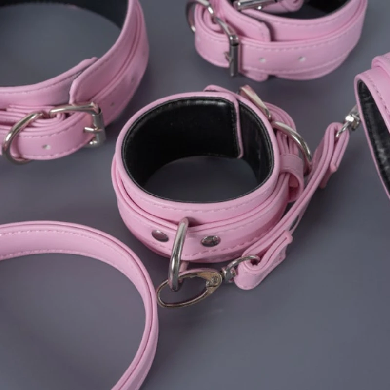Pink Bondage Set Restraints Kit Leather Bondage Sex Toy for Women Couple Handcuffs Ankle Cuffs Collar Leash Erotic Training Game