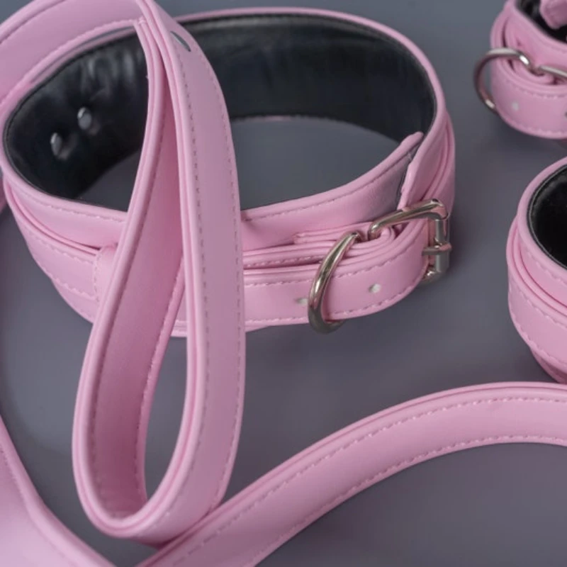Pink Bondage Set Restraints Kit Leather Bondage Sex Toy for Women Couple Handcuffs Ankle Cuffs Collar Leash Erotic Training Game