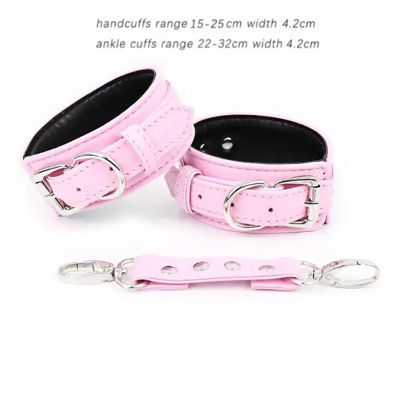 Pink Bondage Set Restraints Kit Leather Bondage Sex Toy for Women Couple Handcuffs Ankle Cuffs Collar Leash Erotic Training Game