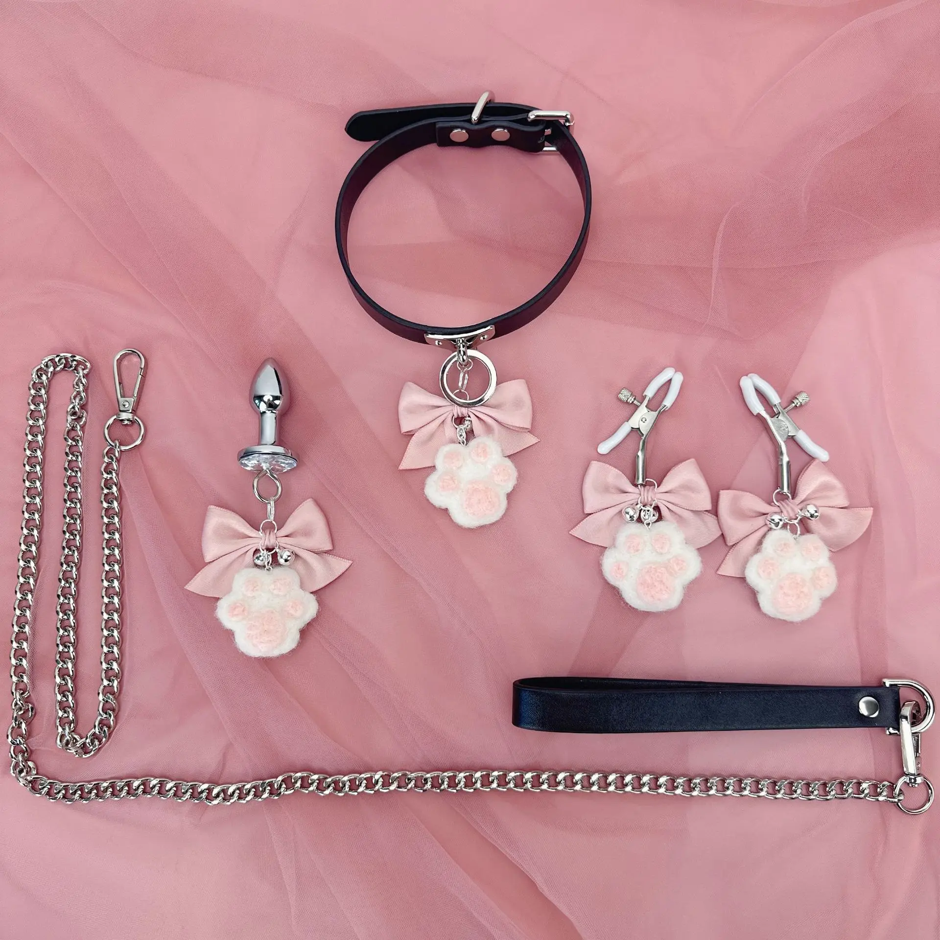 BDSM Cute Cat Claw Bell Collar Bow Nipple Clamp Anal Plug Chocker with Leash Sm Training Nipple Stimulation Flirting Sex Toys