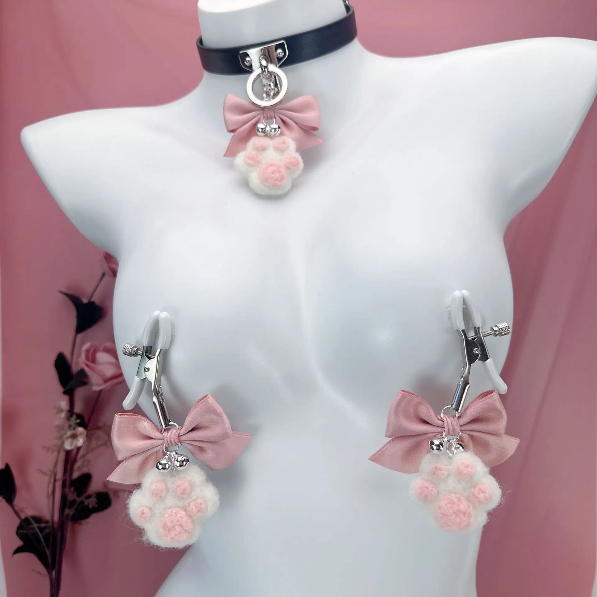 BDSM Cute Cat Claw Bell Collar Bow Nipple Clamp Anal Plug Chocker with Leash Sm Training Nipple Stimulation Flirting Sex Toys