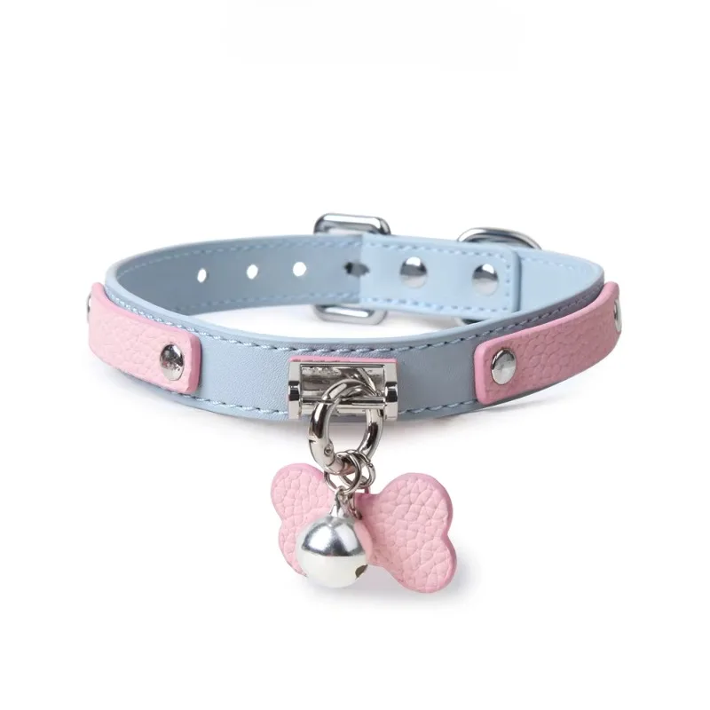 BDSM Collar with Chain Sex Bondage Sexuel Accessory Cowhide Leather Bell Choker for Outdoor Private Intimate Couple Puppy Play