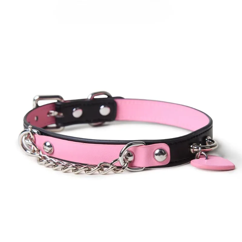 BDSM Collar with Chain Sex Bondage Sexuel Accessory Cowhide Leather Bell Choker for Outdoor Private Intimate Couple Puppy Play