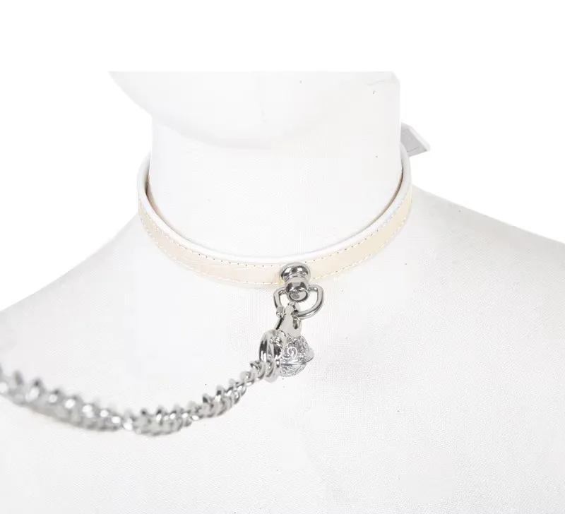 BDSM Collar with Chain Sex Bondage Sexuel Accessory Cowhide Leather Bell Choker for Outdoor Private Intimate Couple Puppy Play