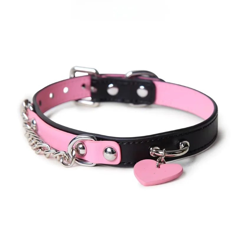 BDSM Collar with Chain Sex Bondage Sexuel Accessory Cowhide Leather Bell Choker for Outdoor Private Intimate Couple Puppy Play