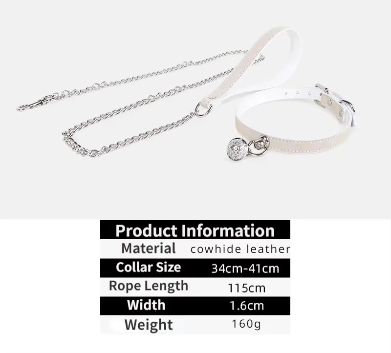 BDSM Collar with Chain Sex Bondage Sexuel Accessory Cowhide Leather Bell Choker for Outdoor Private Intimate Couple Puppy Play