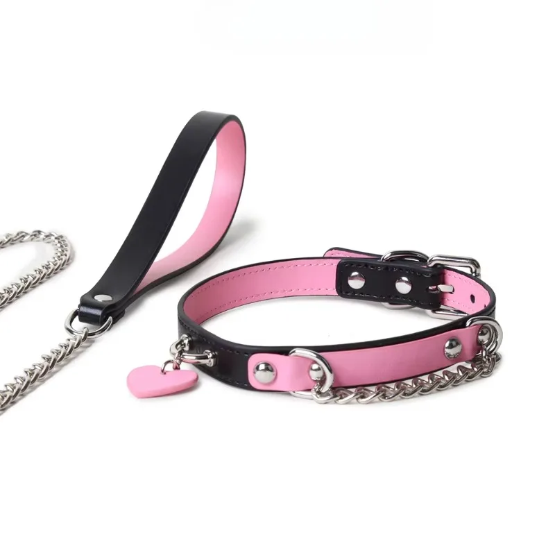 BDSM Collar with Chain Sex Bondage Sexuel Accessory Cowhide Leather Bell Choker for Outdoor Private Intimate Couple Puppy Play