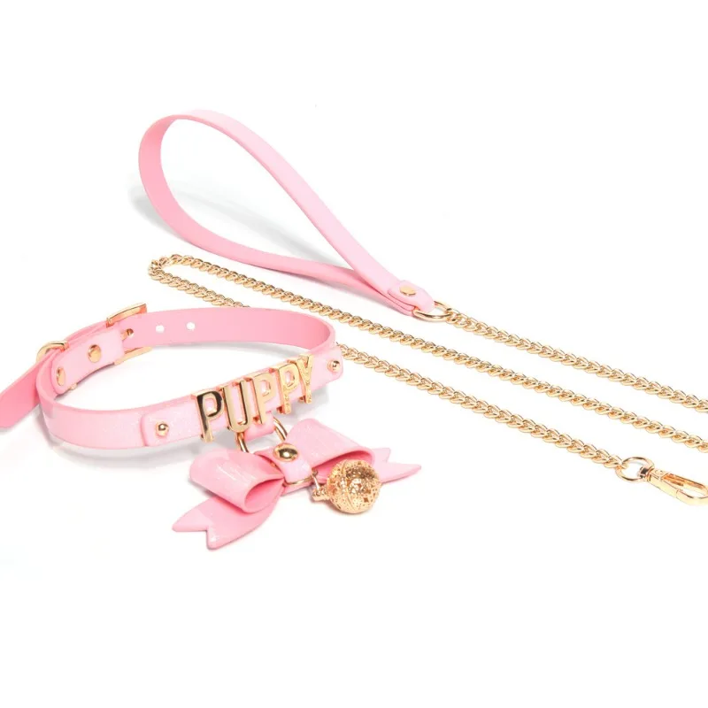 BDSM Collar with Chain Sex Bondage Sexuel Accessory Cowhide Leather Bell Choker for Outdoor Private Intimate Couple Puppy Play