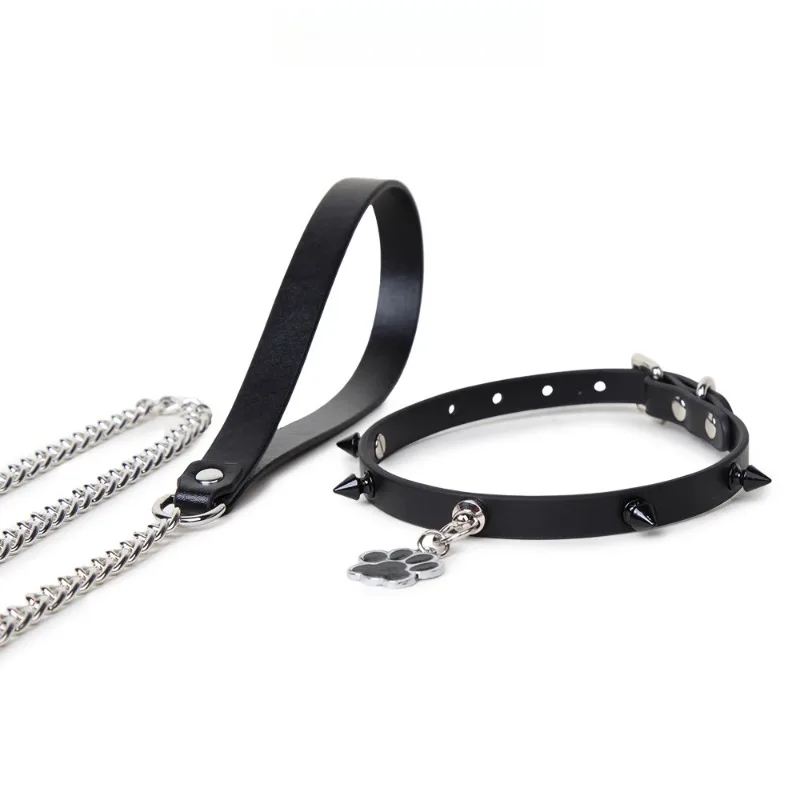 BDSM Collar with Chain Sex Bondage Sexuel Accessory Cowhide Leather Bell Choker for Outdoor Private Intimate Couple Puppy Play