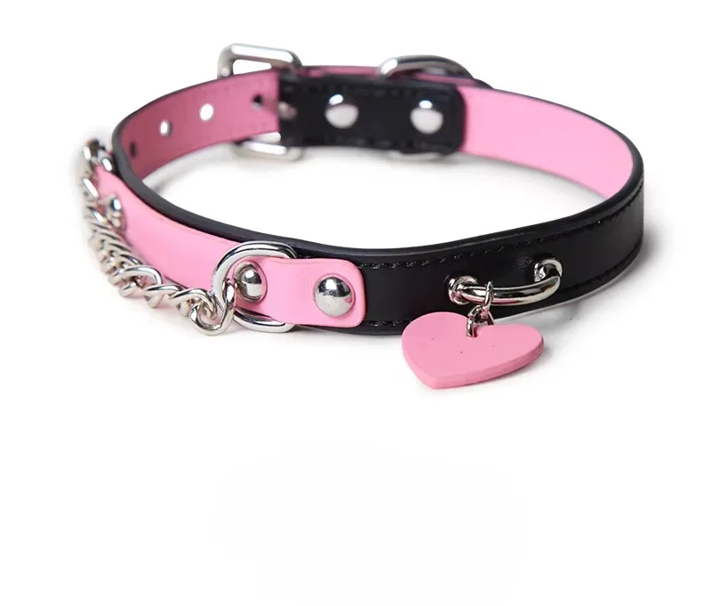 BDSM Collar with Chain Sex Bondage Sexuel Accessory Cowhide Leather Bell Choker for Outdoor Private Intimate Couple Puppy Play