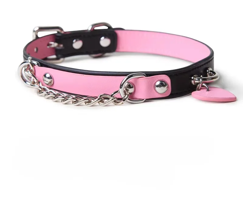 BDSM Collar with Chain Sex Bondage Sexuel Accessory Cowhide Leather Bell Choker for Outdoor Private Intimate Couple Puppy Play