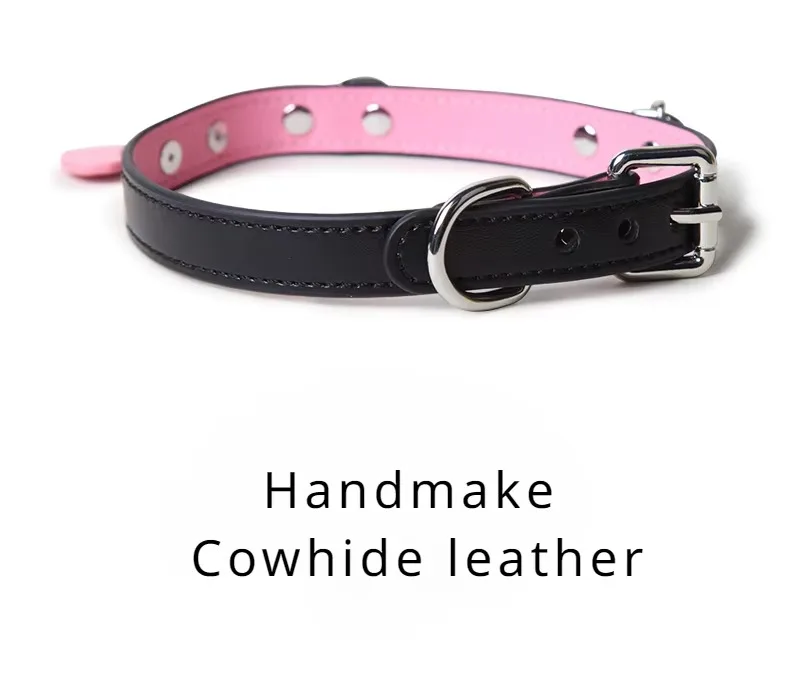 BDSM Collar with Chain Sex Bondage Sexuel Accessory Cowhide Leather Bell Choker for Outdoor Private Intimate Couple Puppy Play