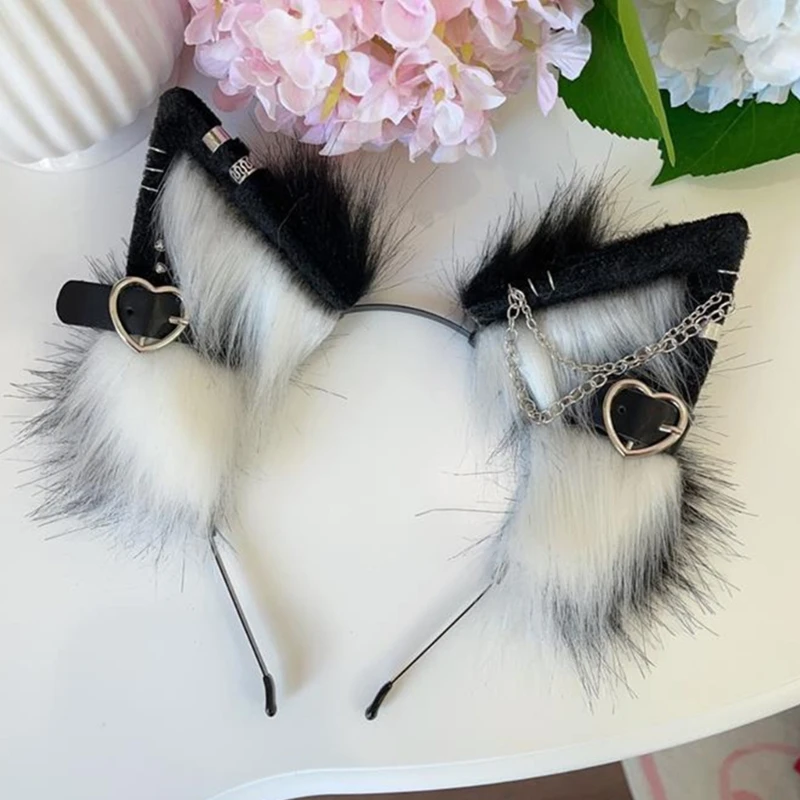 Anime Theme Gatherings Ear Headband with Alloy Earring Movie Enthusiasts Plush Wolf Headband for Teenagers Adult Dropship