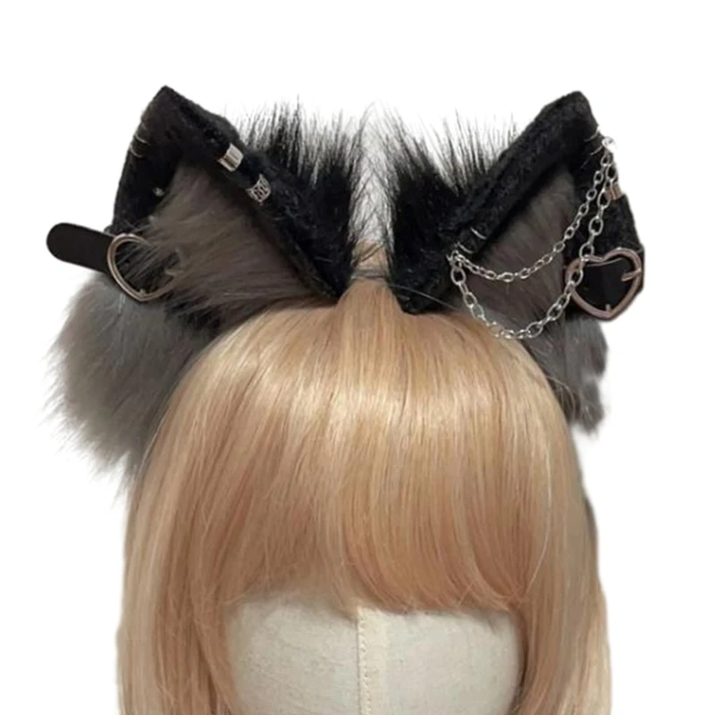 Anime Theme Gatherings Ear Headband with Alloy Earring Movie Enthusiasts Plush Wolf Headband for Teenagers Adult Dropship