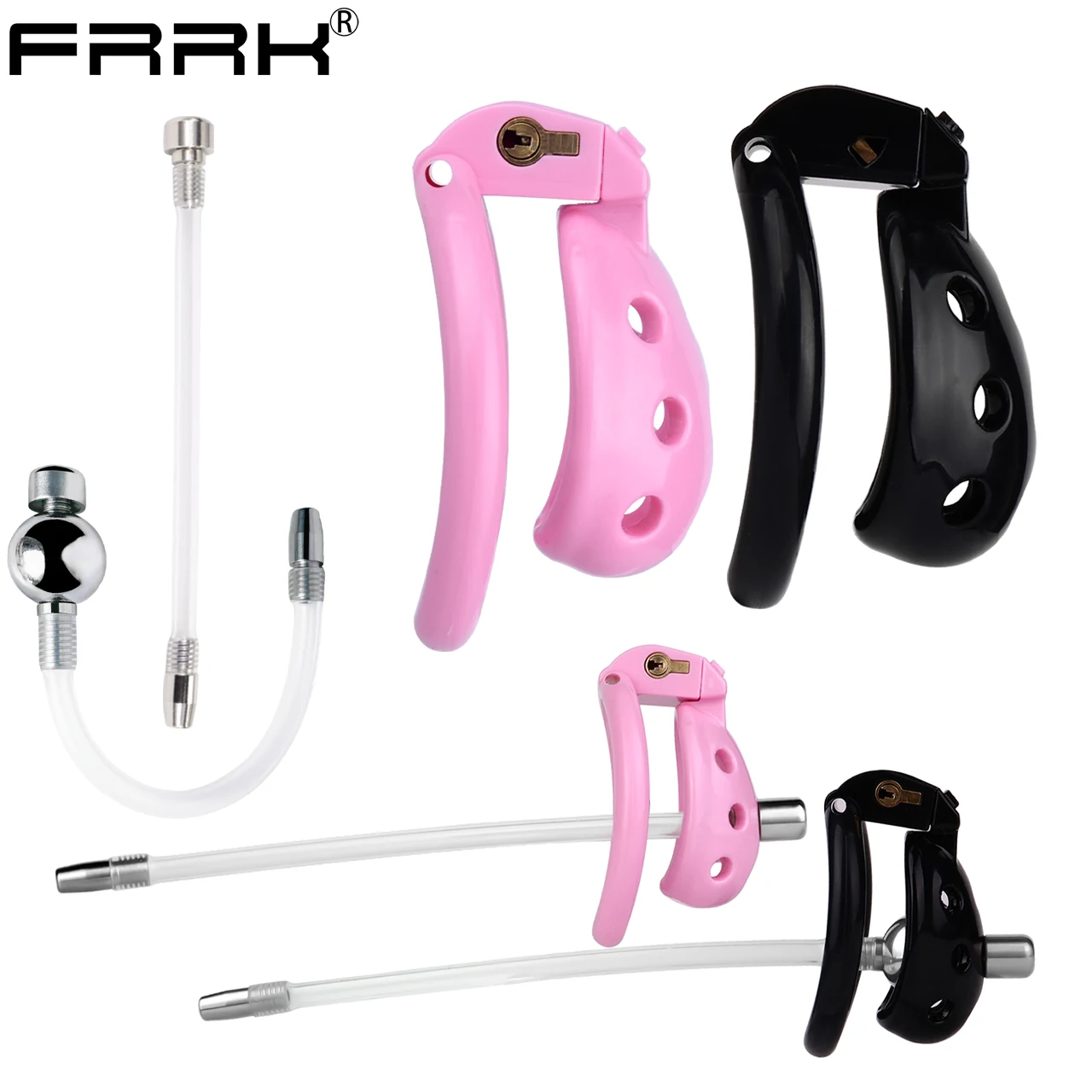 Mini Gaiola de Castidade FRRK em Plástico ABS, Chastity Cage Vazada Rosa ou Preta com Tubo Uretral ou Cinto Elástico