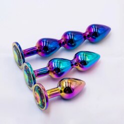 Plug Anal de Metal com Pedra de Cristal, Acabamento Aurora Multicolorido, Tamanhos S, M e L