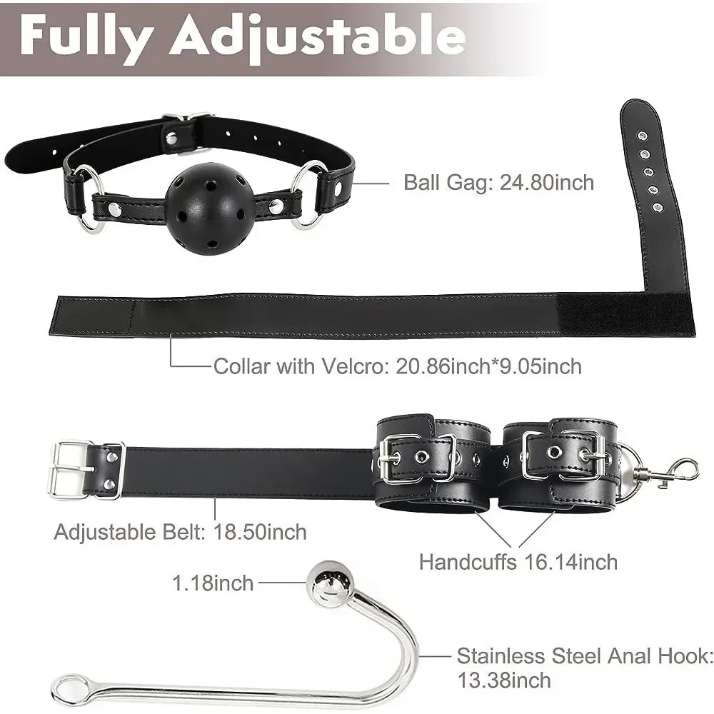 Kit Bondage BDSM com Gola, Algemas, Gancho Anal de Inox e Mordaça Ball Gag - Imagem 3