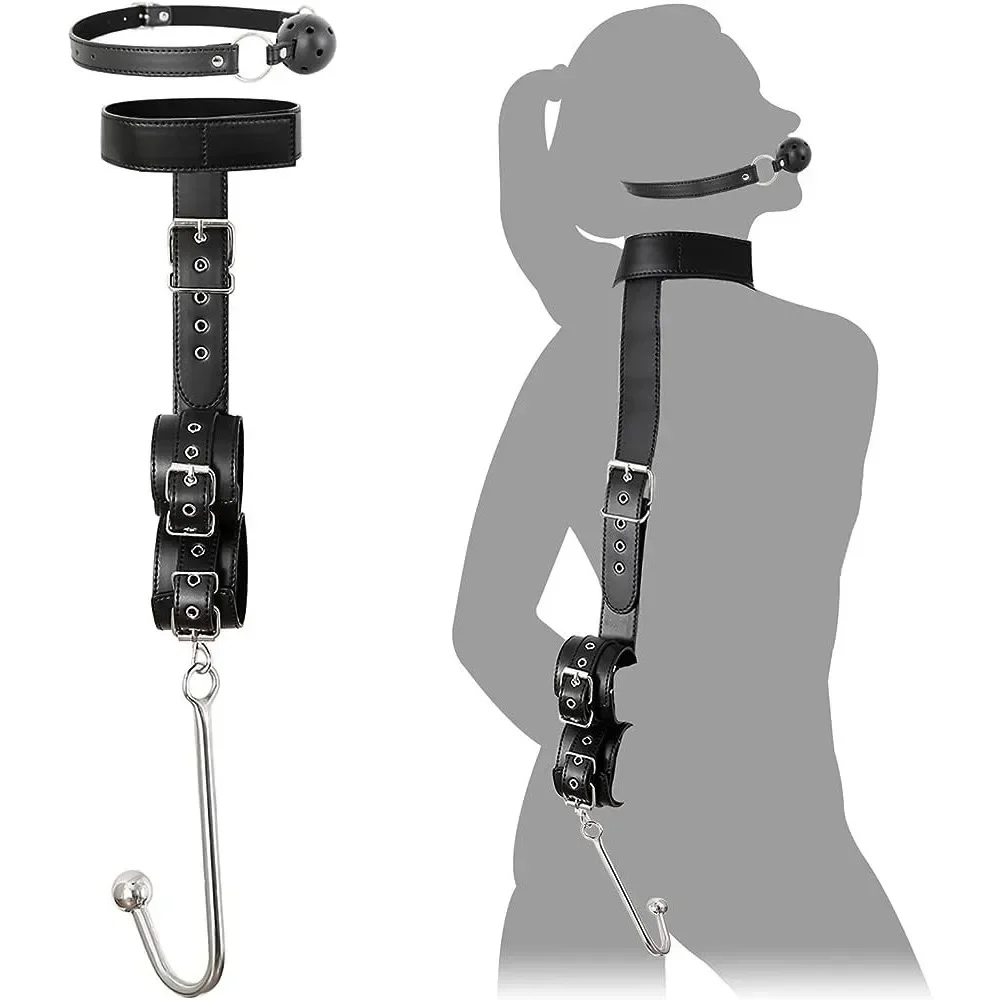 Kit Bondage BDSM com Gola, Algemas, Gancho Anal de Inox e Mordaça Ball Gag