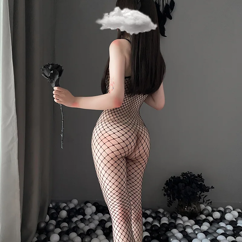Macacão Bodystocking Arrastão Fishnet com Canal Aberto, Lingerie Sensual Transparente - Imagem 2