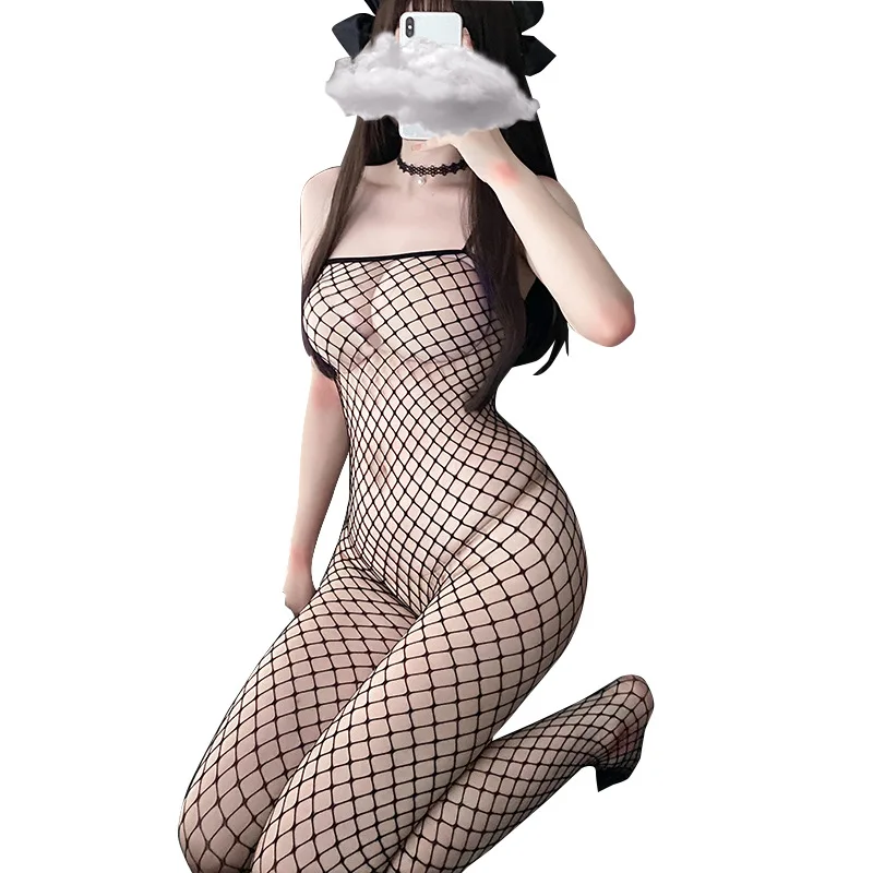Macacão Bodystocking Arrastão Fishnet com Canal Aberto, Lingerie Sensual Transparente - Imagem 5