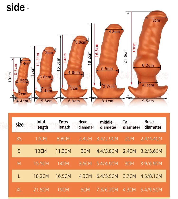 Tabela de tamanhos do plug anal cachorro XS ao XL com comprimento e diâmetros em cm