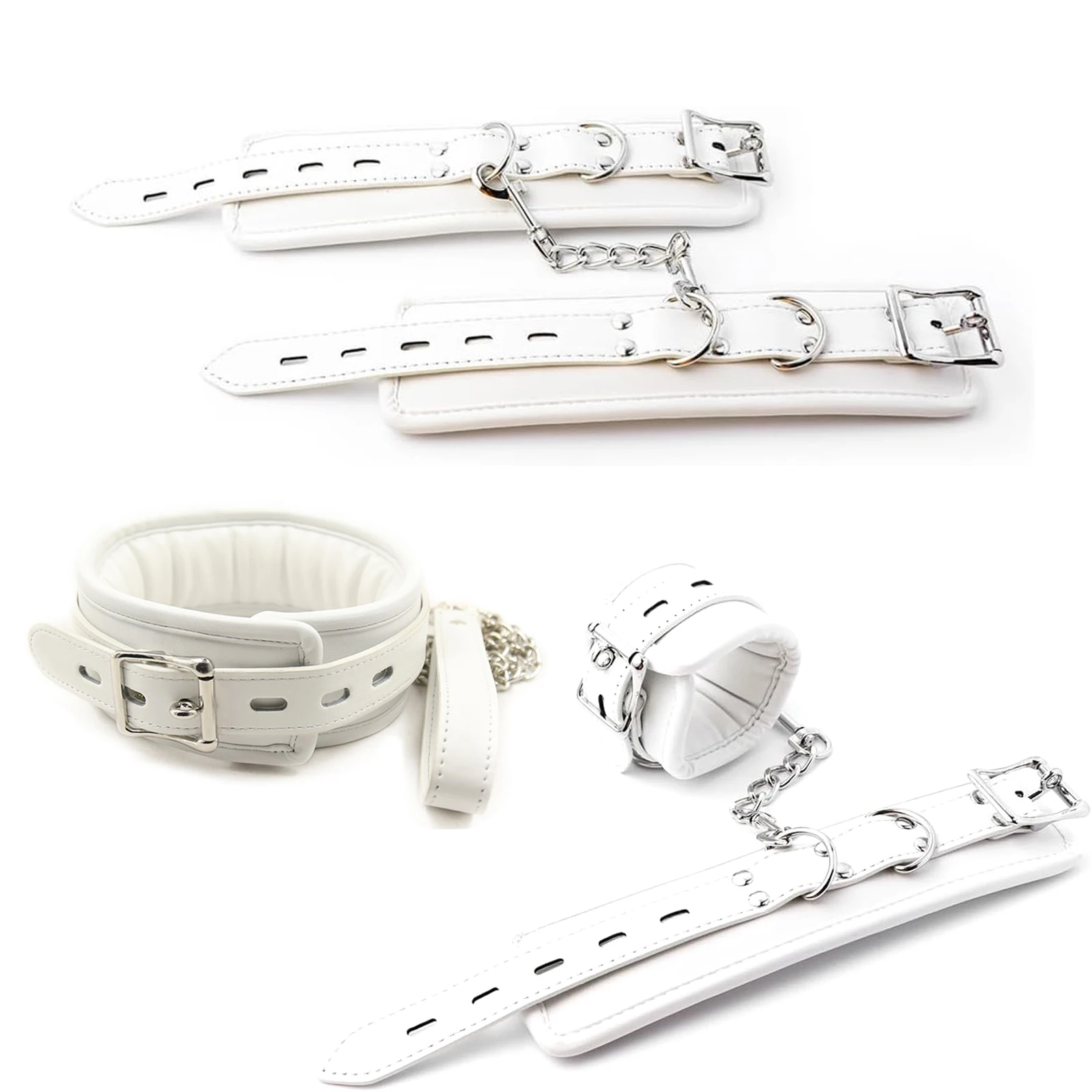 Kit Bondage Branco Acolchoado Coleira Guia Algemas Tornozeleiras Sub