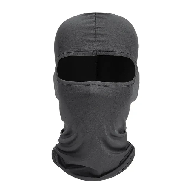 Balaclava cinza escuro de tecido elástico com abertura única para os olhos