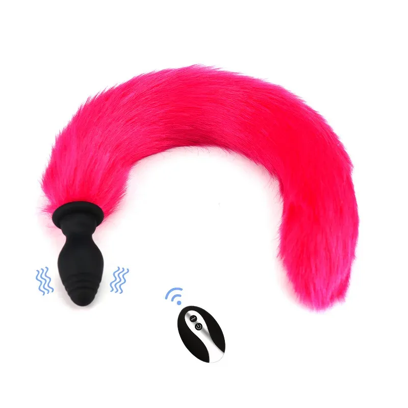 Cauda de raposa pink montada em plug anal de silicone preto