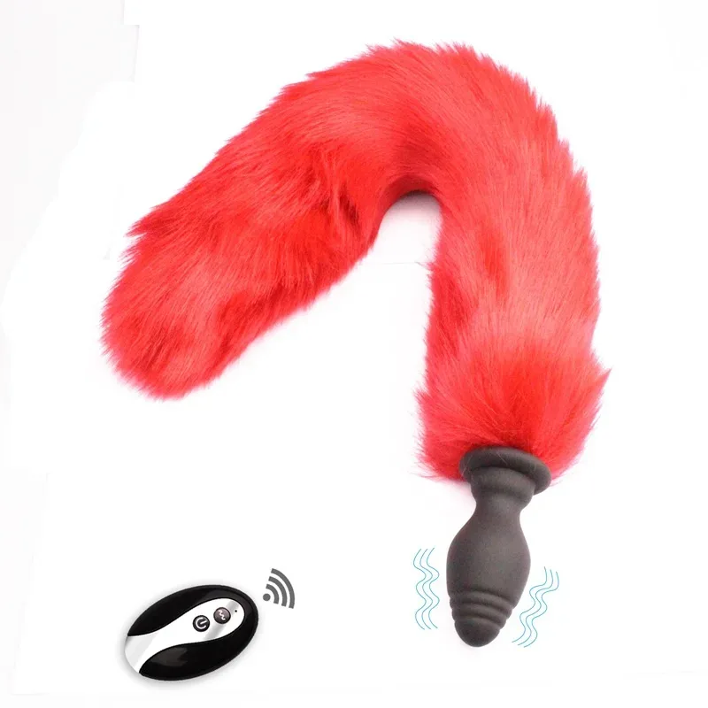 Cauda de raposa vermelha montada em plug anal de silicone preto