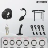 Conteúdo do kit completo preto: gaiola vibratória, plug vibratório, cinto, cadeado, plug curvo e seis anéis