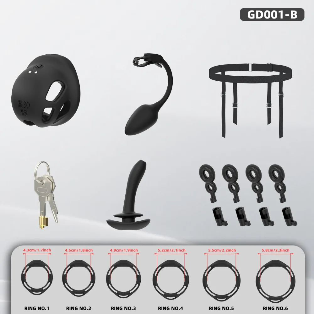 Conteúdo do kit completo preto: gaiola vibratória, plug vibratório, cinto, cadeado, plug curvo e seis anéis