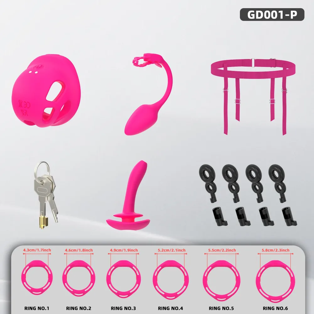 Conteúdo do kit completo rosa: gaiola vibratória, plug vibratório, cinto, cadeado, plug curvo e seis anéis