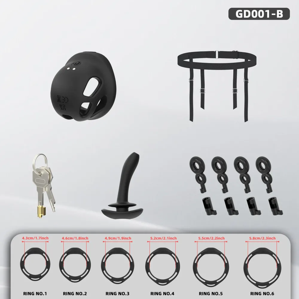 Conteúdo do kit essencial preto: gaiola vibratória, cinto de tiras, cadeado, plug curvo e seis anéis