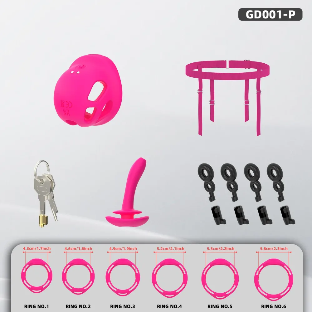 Conteúdo do kit essencial rosa: gaiola vibratória, cinto de tiras, cadeado, plug curvo e seis anéis