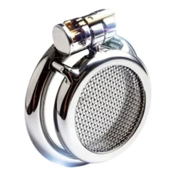 Cinto de castidade masculino plano de aço inoxidável polido com frente em tela metálica respirável