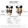 Tabela de medidas da máscara felina: cabeça de 49,5 a 61,5 cm, painel de 19 cm e cobertura de 7,5 cm