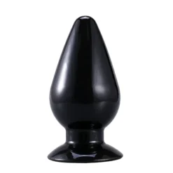 Plug anal cônico de gel macio preto com base em ventosa, visto de frente