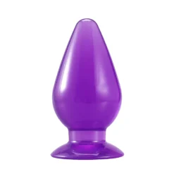Plug anal cônico de gel macio roxo translúcido com base em ventosa, visto de frente