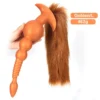 Plug anal de contas progressivas dourado tamanho L com cauda ruiva de raposa, 31,5 cm e 462 gramas