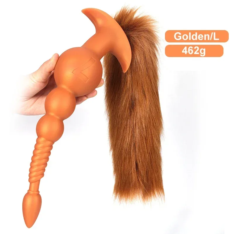 Plug anal de contas progressivas dourado tamanho L com cauda ruiva de raposa, 31,5 cm e 462 gramas