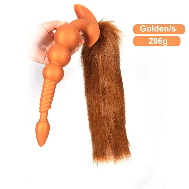 Plug anal de contas progressivas dourado tamanho S com cauda ruiva de raposa, 29 cm e 296 gramas