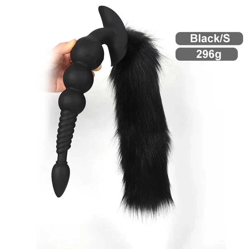 Plug anal de contas progressivas preto tamanho S com cauda preta, 29 cm e 296 gramas