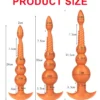 Tabela de medidas do plug anal de contas progressivas: 29 cm, 30 cm e 31,5 cm com contas de 5, 6 e 7 cm