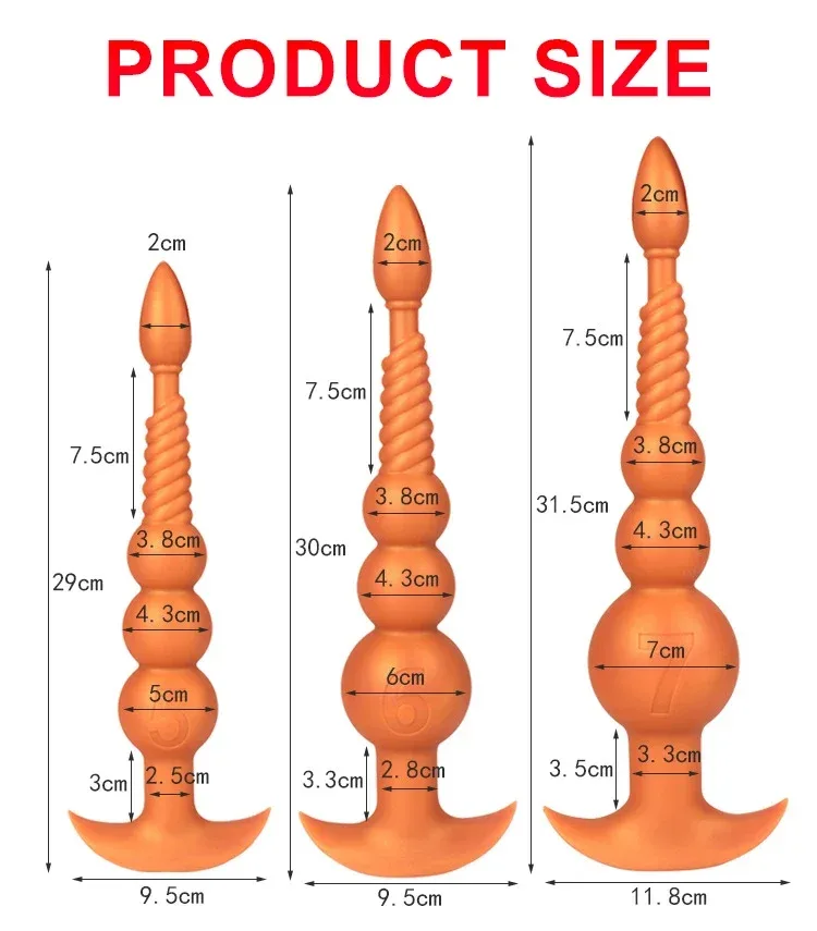 Tabela de medidas do plug anal de contas progressivas: 29 cm, 30 cm e 31,5 cm com contas de 5, 6 e 7 cm