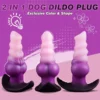 Plug anal fantasia vibratório visto de três ângulos, mostrando os anéis escalonados do corpo