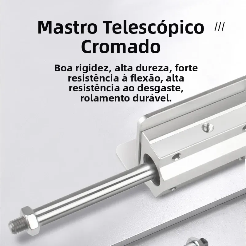 Detalhe do mastro telescópico cromado da sex machine, com rosca na ponta