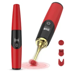 Vibrador de precisao vermelho em formato de caneta com display LCD e tres cabecas de silicone