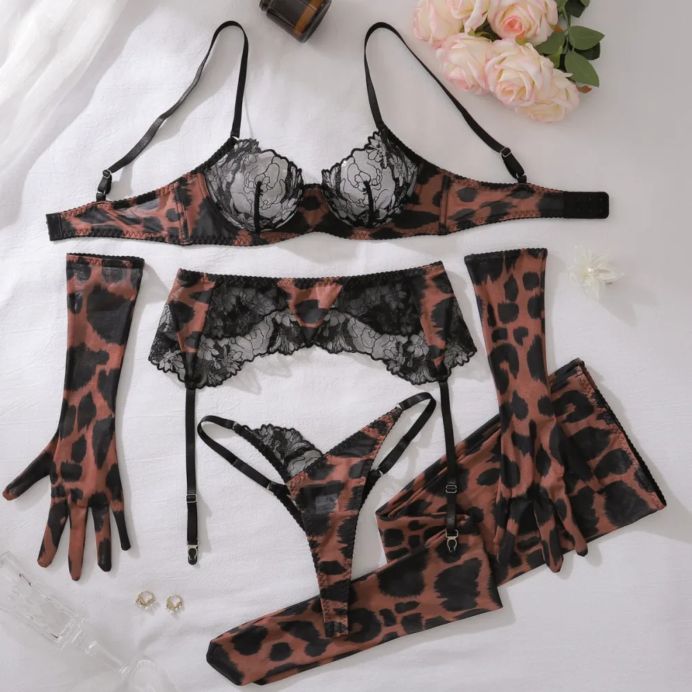 Kit completo das 5 peças do conjunto de lingerie leopardo cor Black Leopard