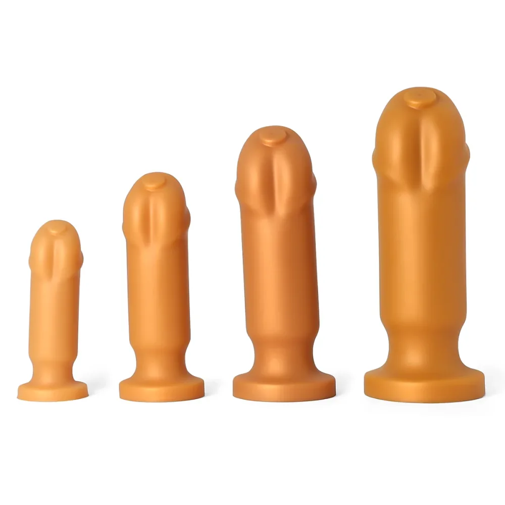 Os quatro tamanhos do dildo anal lado a lado, do S ao XL